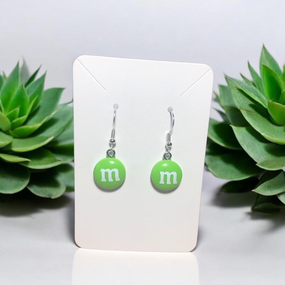 37. NWOT Novelty Dangle Earrings (Green M&M)